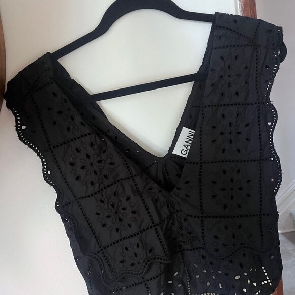 GANNI Black Broderie Anglaise Rhythm Collar Top 38 Medium - Picture 2 of 4
